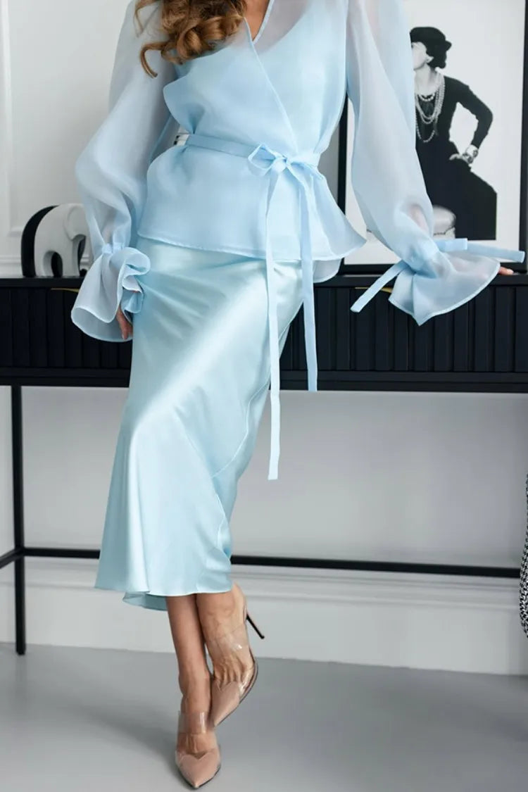 Chiffon Shirt & Satin Skirt Set