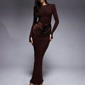 O-Neck Long Sleeve Ruffle Bodycon Maxi Dress – High Waist