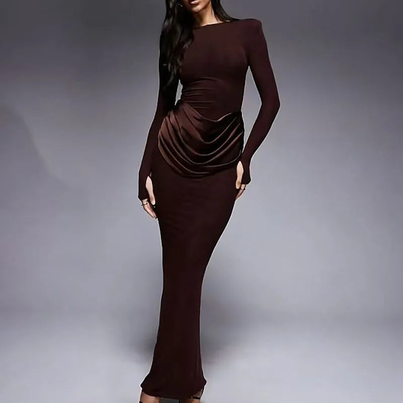 O-Neck Long Sleeve Ruffle Bodycon Maxi Dress – High Waist