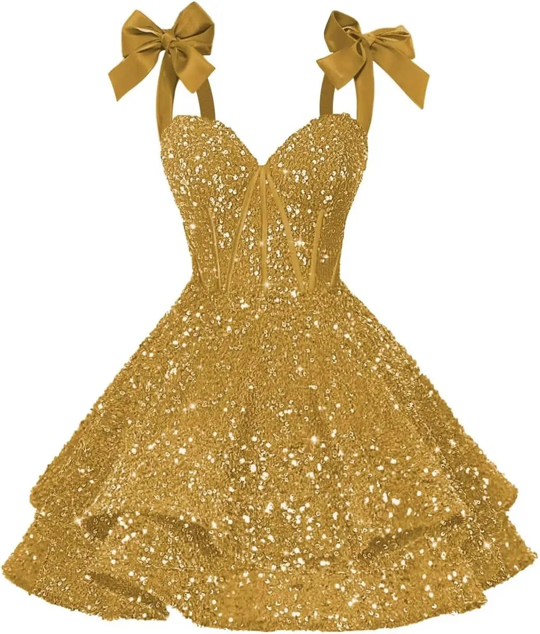 Sparkly Sequin Bows Homecoming Dresses 2026 Short Spaghetti Straps Tiered Satin Sweet Prom Cocktail Dress Graduation Dress