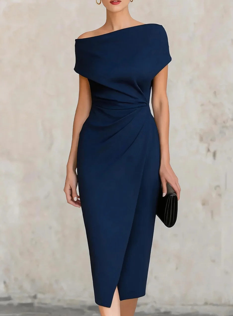 2026 Summer Women's New One-shoulder Waist Pleated Dress Banquet Commuting Slit Dress