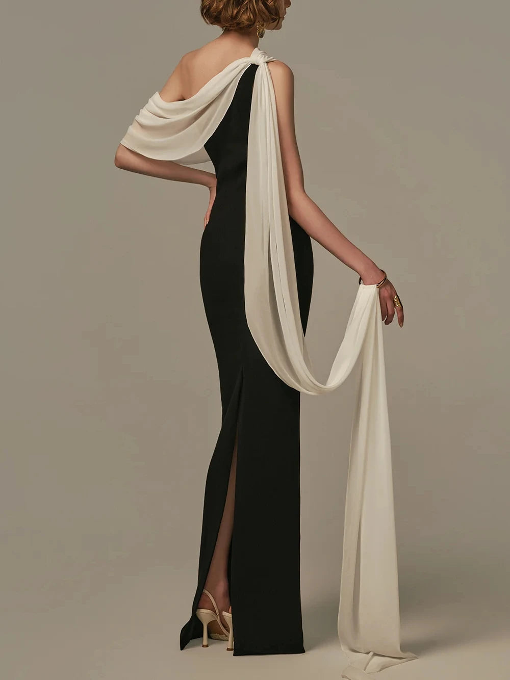 Two-Tone One-Shoulder Satin Prom Gown