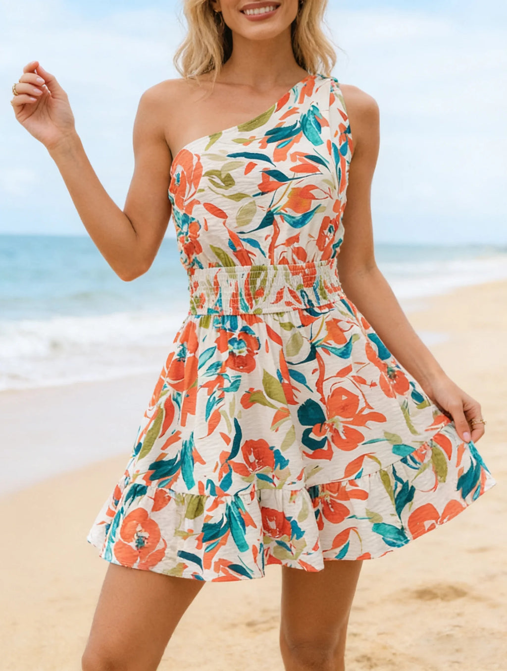 Elegant Women's One-Shoulder Floral Print Dress. Perfect for Dates, Shopping, Vacation, Beach Trips and Daily Casual Wear.
