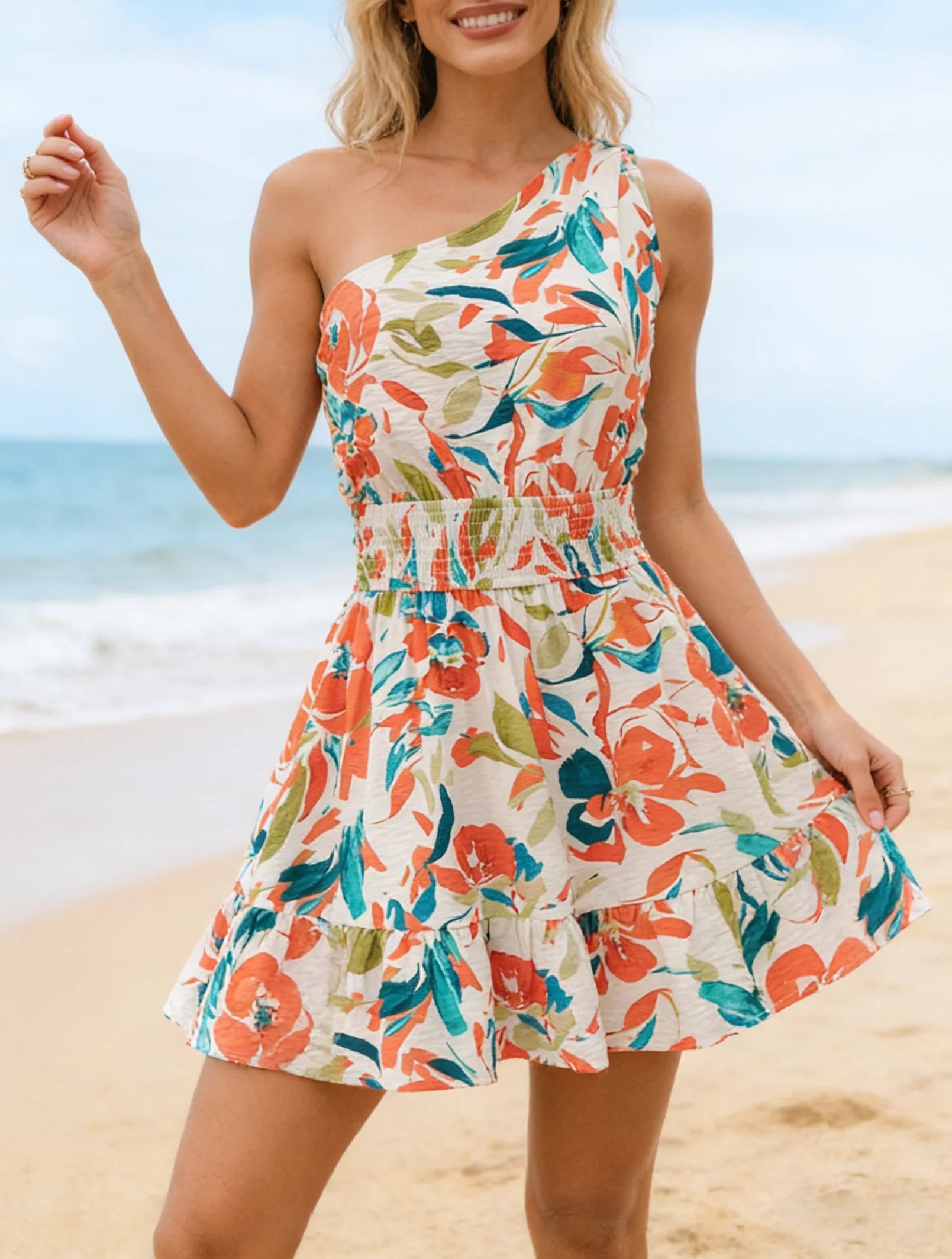Elegant Women's One-Shoulder Floral Print Dress. Perfect for Dates, Shopping, Vacation, Beach Trips and Daily Casual Wear.