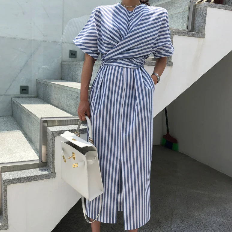 Summer Cotton Striped Pocket Split Long Dress For Woman Casual Office Lady Dresses Fashion Women's Clothing Robe Femme