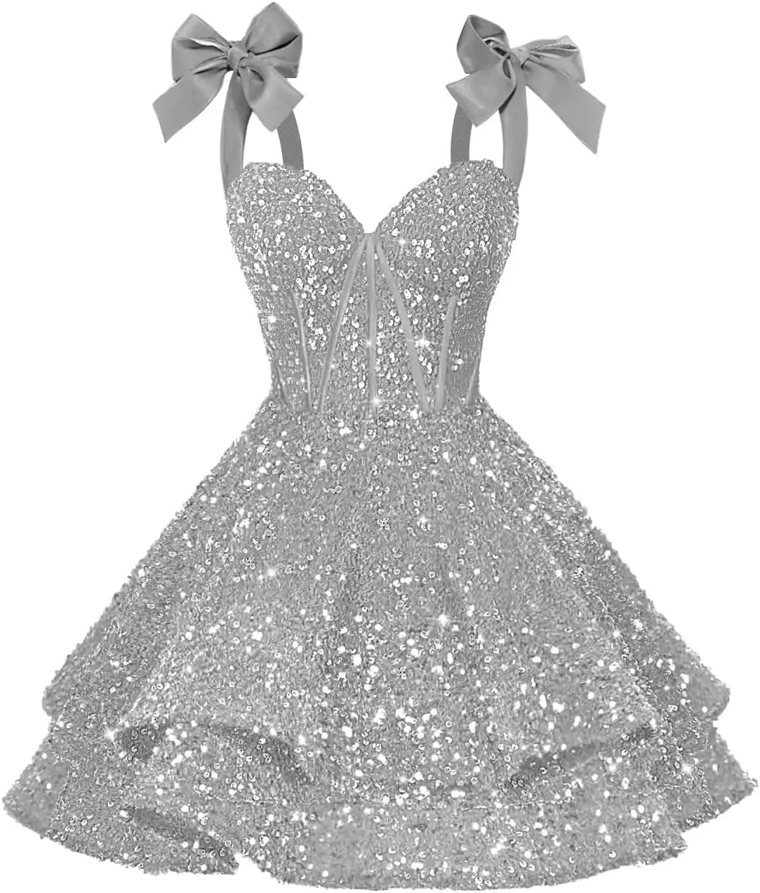 Sparkly Sequin Bows Homecoming Dresses 2026 Short Spaghetti Straps Tiered Satin Sweet Prom Cocktail Dress Graduation Dress