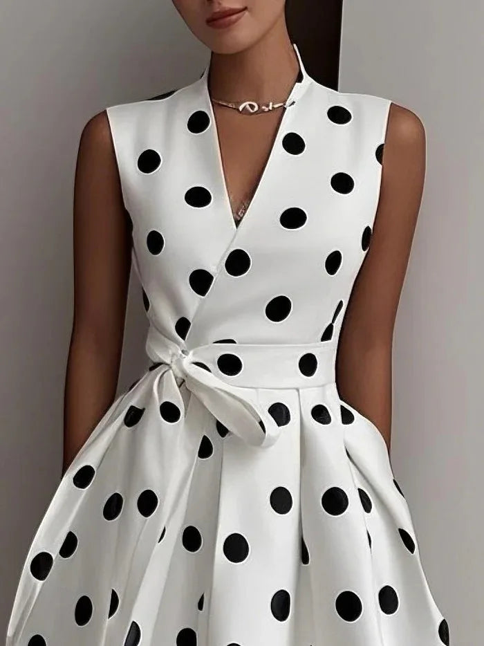 French Polka Dot Dress 2025 Summer Retro New Style Elegant Waist-cinching Dress for Women Sleeveless V-Neck Lace-up Dress
