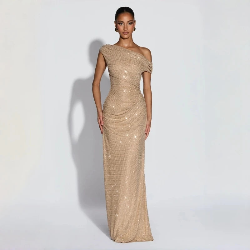 Elegant One-Shoulder Sequin Evening Gown | Backless Slim-Fit Long Dress