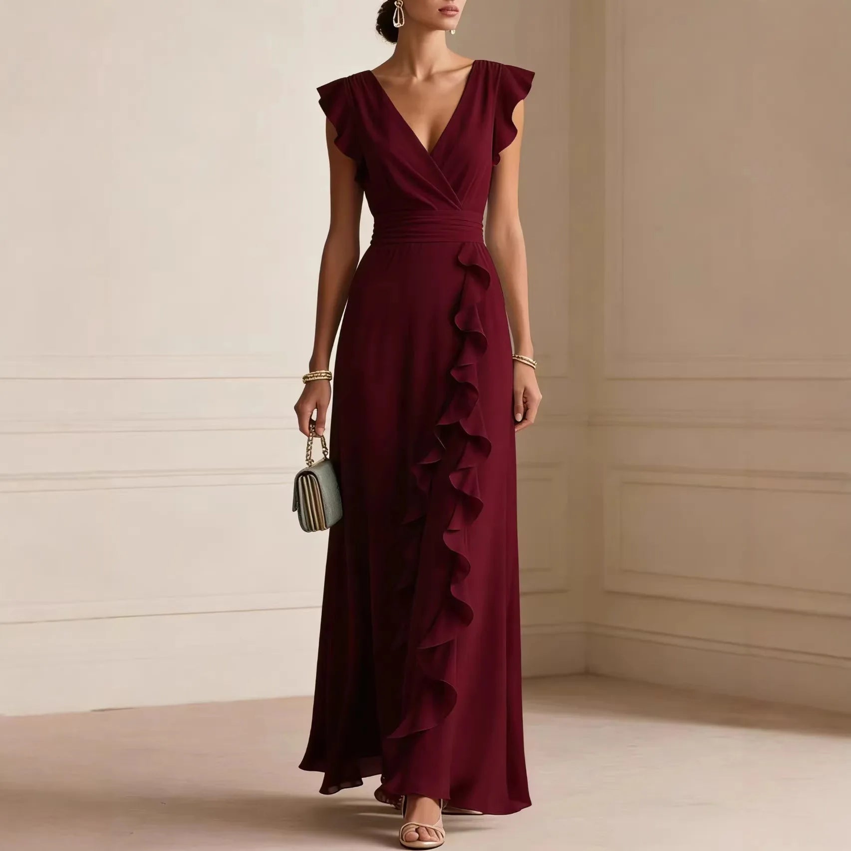 V-Neck Pleated Short Sleeve Solid Maxi Dress