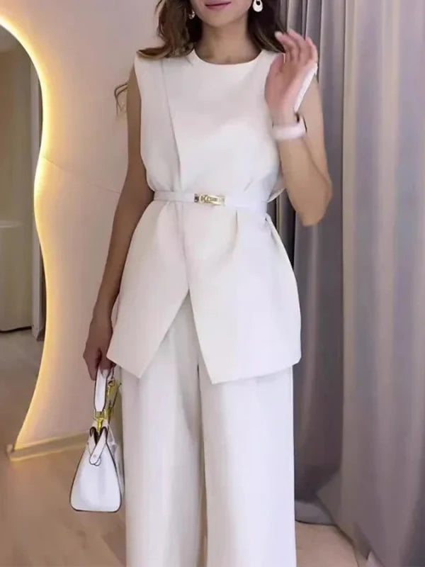 Krisstargirls 2025 New Woman Elegant Vest shirts with Belt Summer Sleeveless O-neck Trendy Office Ladie Blouse Women Clothing