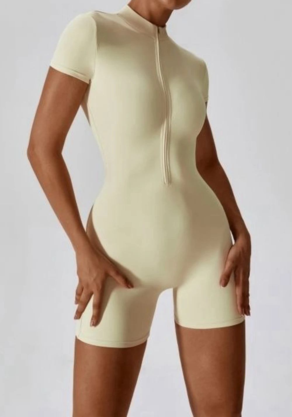 Short Sleeve Slim Fit Stretch Zip-Up Yoga Playsuit