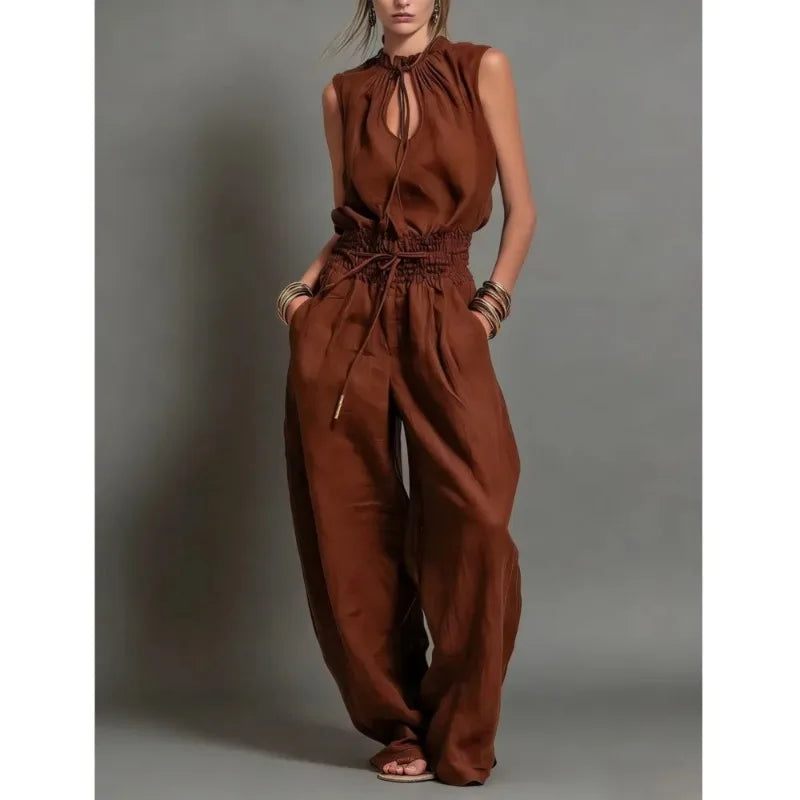 Vestidos Hollow Lace Wide-leg Trousers Jumpsuits Summer New Solid Color Loose Sleeveless Lace-up Waist Jumpsuit Set for Women