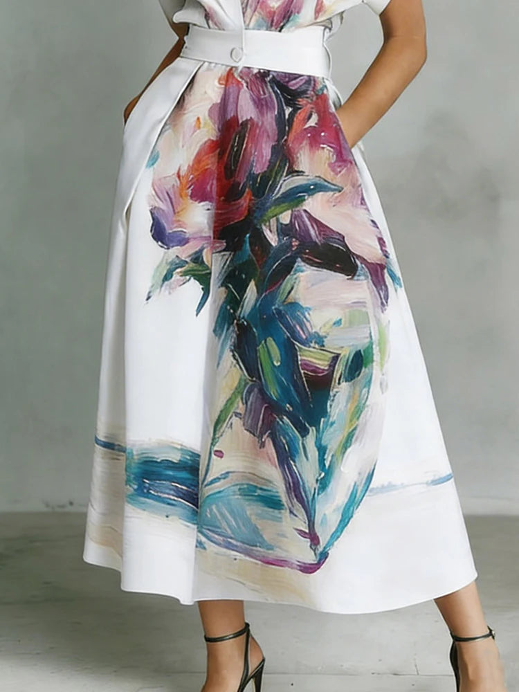 New Fashion Print Maxi Dress Women Summer Short Sleeve Turn-Down Collar Holiday Party Dress Button Patchwork Casual Ladies Dress