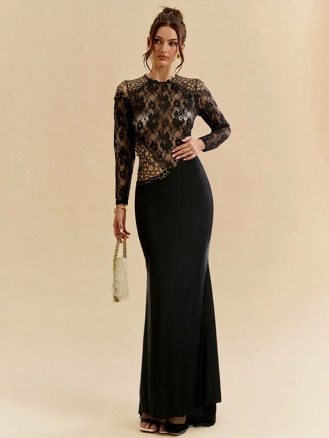 Women's Lace Fishtail Bodycon Maxi Dress Elegant Classy Fall Long Sleeve Mock Neck Cocktail Patchwork Dress See Through