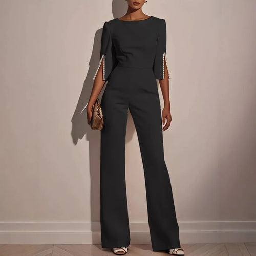 2025 Women's Jumpsuits Beaded Decorative Slim Trousers Three-quarter Sleeves Office Evening Pink Fashion Business Playsuit