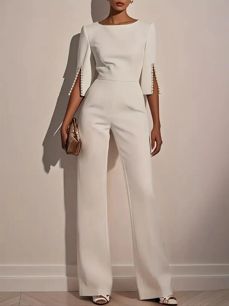 Three-Quarter Sleeve Beaded Button Slim Flare-Leg Jumpsuit