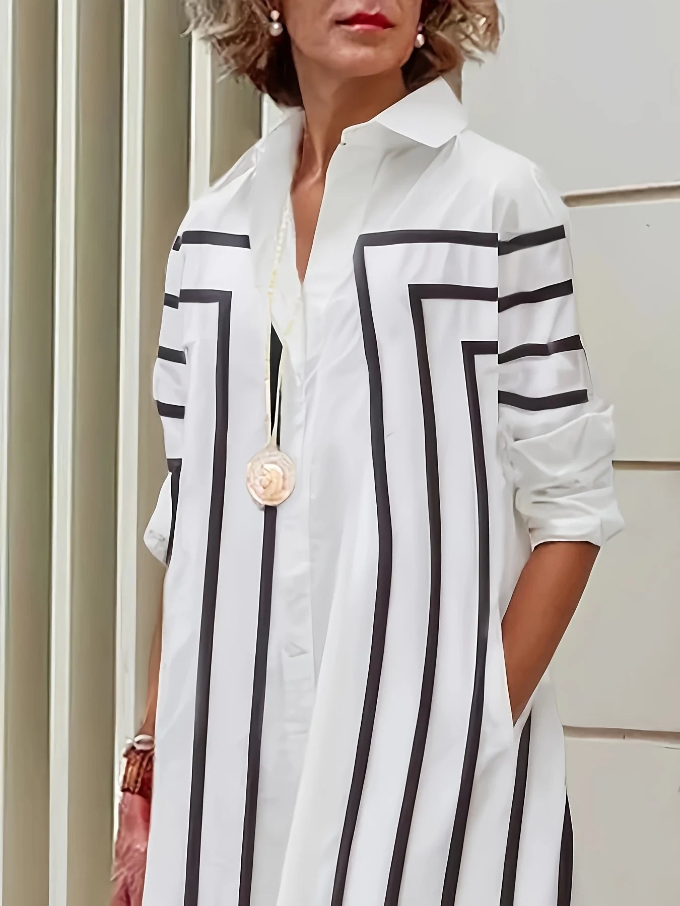 Black & White Striped Button Shirt Dress