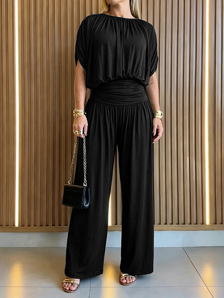 Summer High Waisted Pleated Long Pants Jumpsuit New 2026 Elegant Holiday Romper Casual O Neck Short Sleeved Commuting Playsuit