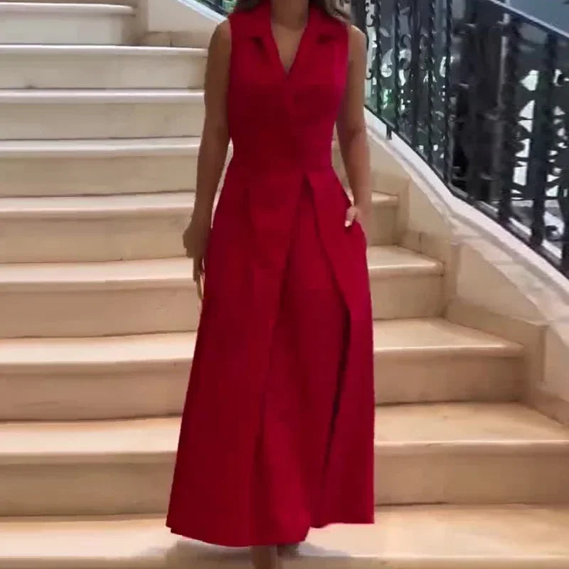 Commuter Button Sleeveless Blazer Maxi Dress Women Dot Office Lady Ankle Length Loose Fit Spliced Button Print Casual Daily Wear