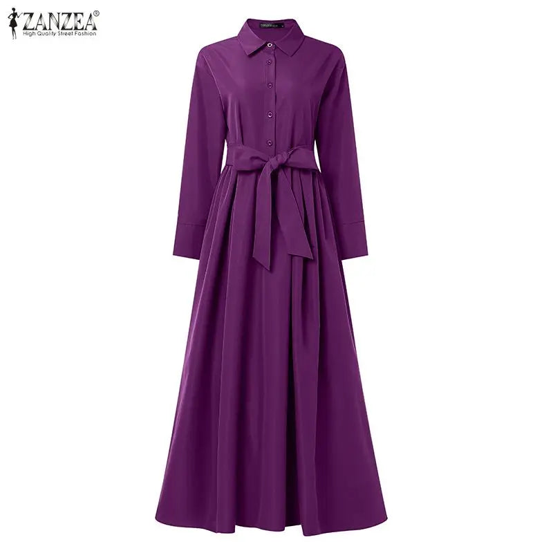 ZANZEA Elegant Lapel Neck Long Sleeve OL Dress Fashion Women Dresses 2026 Spring Solid Belted Robe Stylish A Line Work Sundress