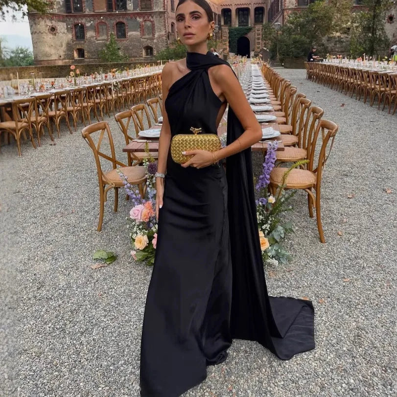 Women's Dress Temperament Elegant Satin Off-the-shoulder Sleeveless Ribbon Party Dress