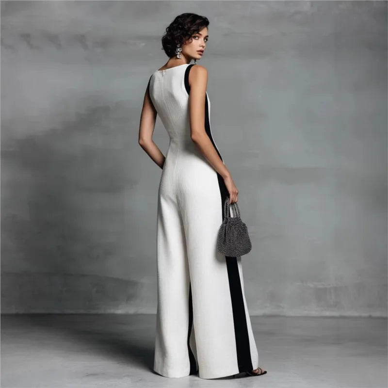Sexy Deep V Neck Straps Wide Leg Jumpsuit Summer Sleeveless Color Block Patchwork Jumpsuits Elegant Casual Back Zipper Romper