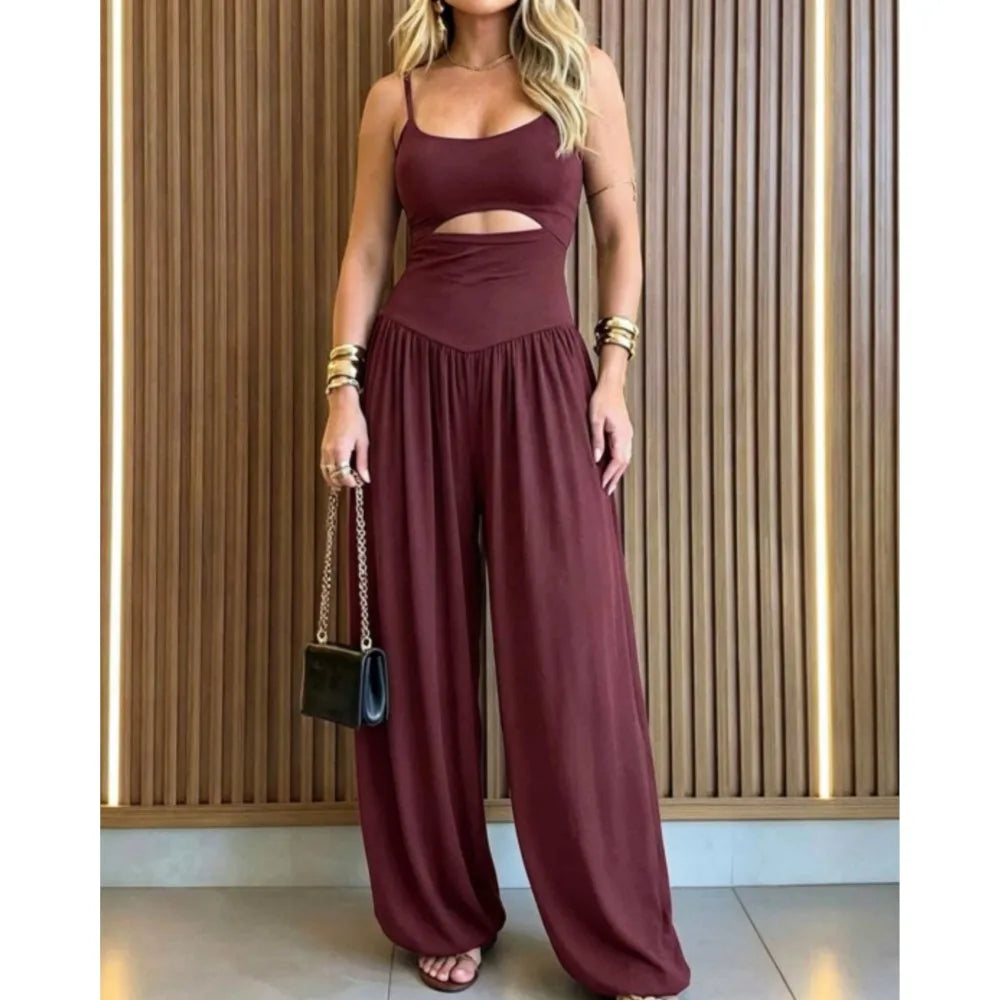 Cami Hollow-Out Waist Backless Tie-Back Slim Wide-Leg Jumpsuit