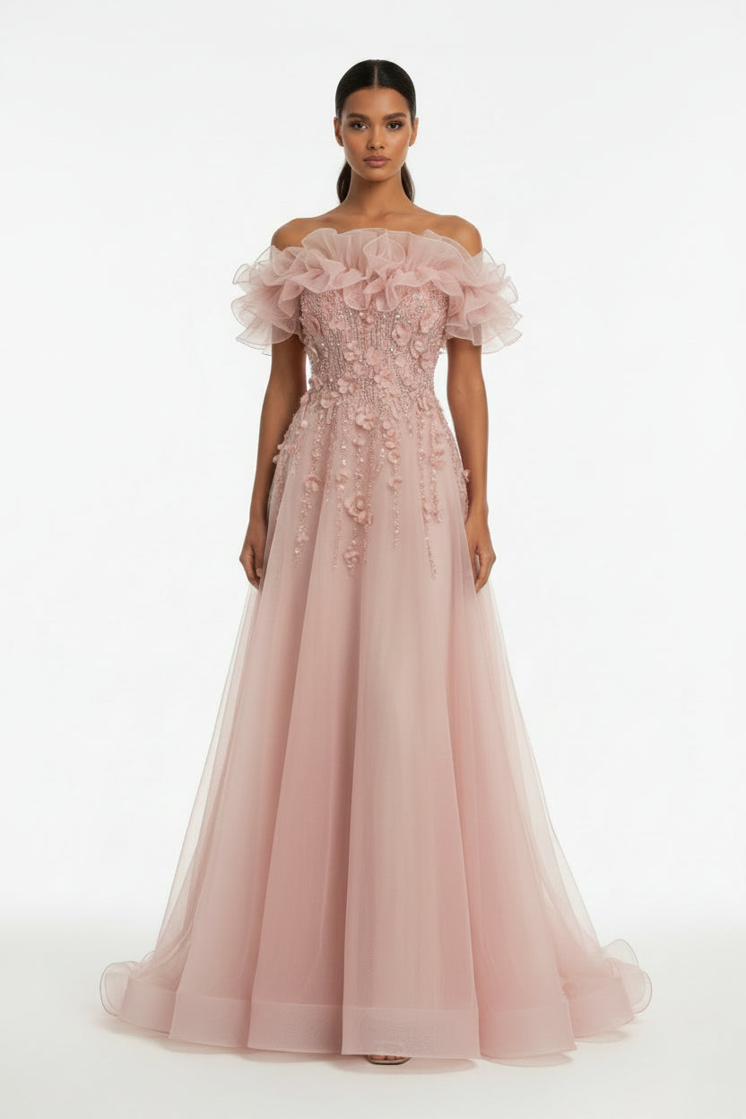 Off-Shoulder Floral Tulle A-Line Prom Gown – Beaded & Embroidered