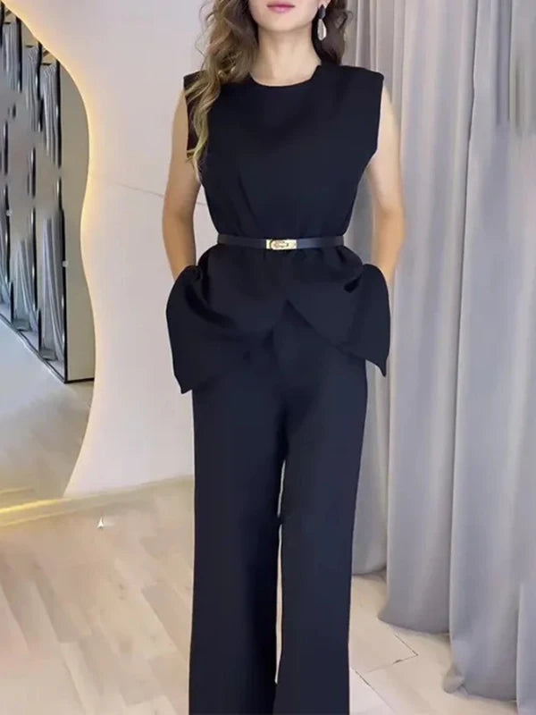 Krisstargirls 2025 New Woman Elegant Vest shirts with Belt Summer Sleeveless O-neck Trendy Office Ladie Blouse Women Clothing