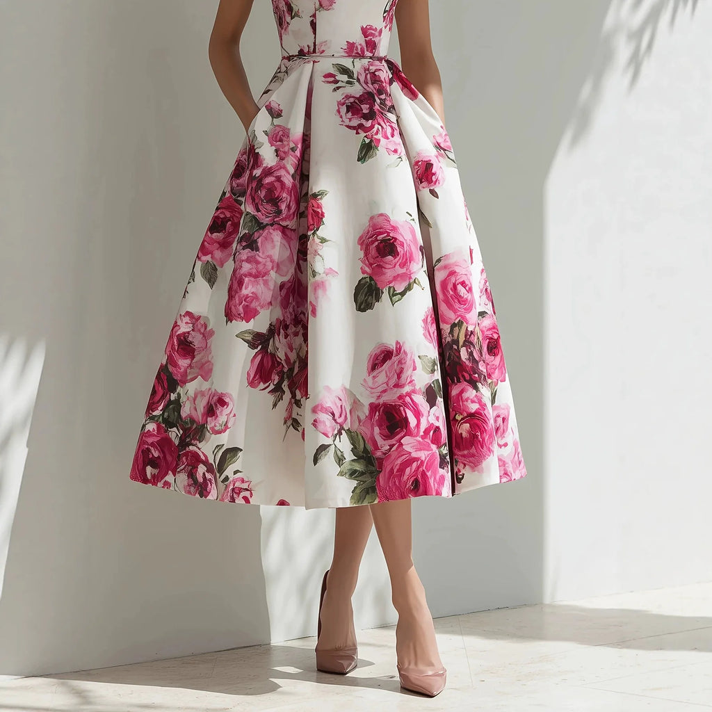 Women's Floral Print High Neck Midi Dress Cap Sleeve A-Line Flared Elegant Cocktail Party Evening Dress with Pockets