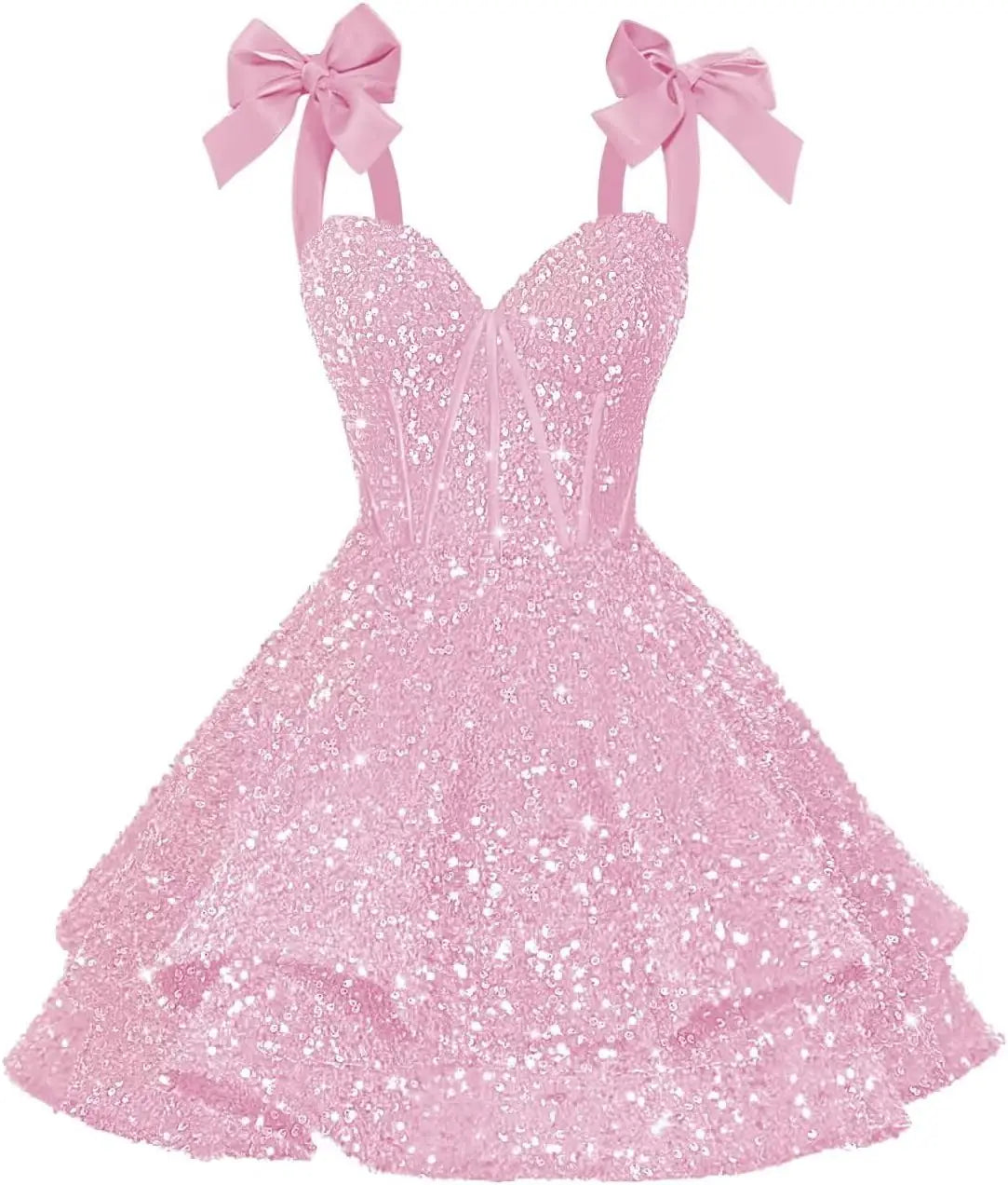 Sparkly Sequin Bows Homecoming Dresses 2026 Short Spaghetti Straps Tiered Satin Sweet Prom Cocktail Dress Graduation Dress