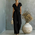 Women's White High Waist Wide Leg Jumpsuit Summer V Neck Button Short Sleeve Simple Commute Playsuits Fashion Lace Up Jumpsuits