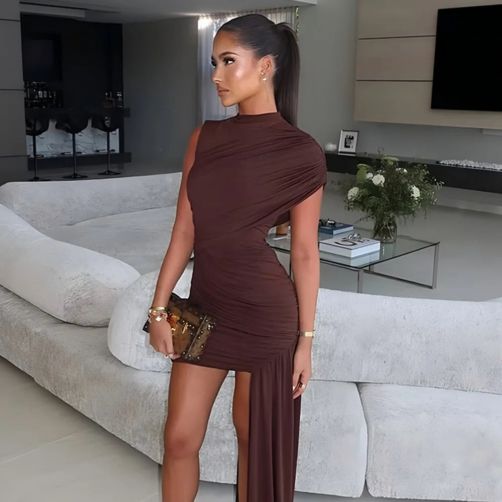 Irregular Draped Ruched Sleeveless Mini Dress