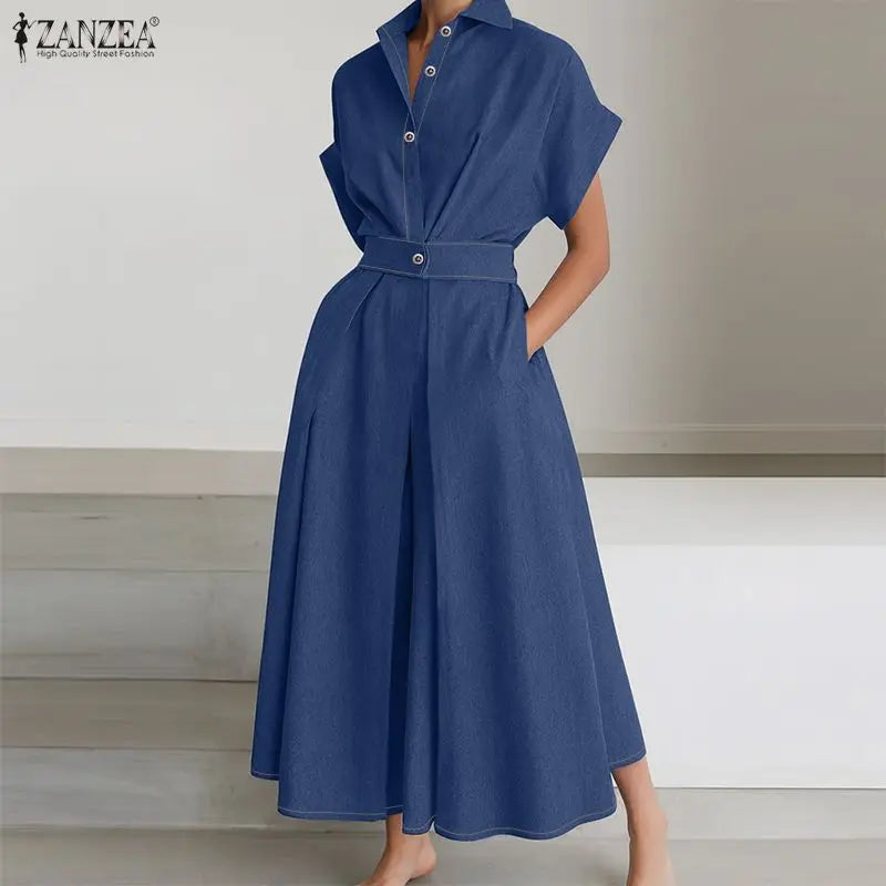 2026 Summer Denim Blue Dress ZANZEA Stylish Women High Waist Office Wear Sundress Short Sleeve Lape Neck Dresses Buttons Up Robe