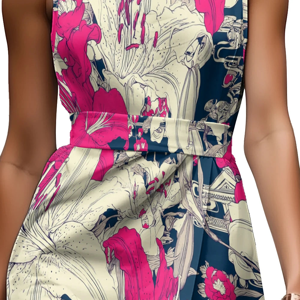 Floral Slash-Neck Sleeveless A-Line Midi Dress
