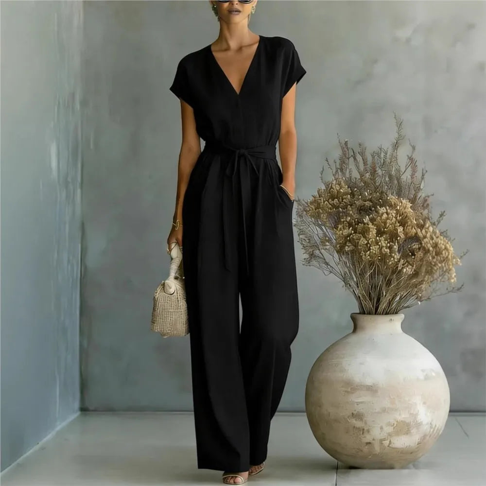 Women's White High Waist Wide Leg Jumpsuit Summer V Neck Button Short Sleeve Simple Commute Playsuits Fashion Lace Up Jumpsuits