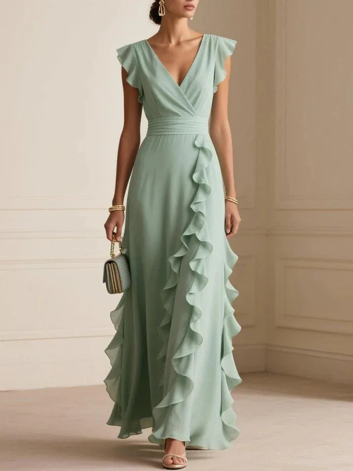 V-Neck Pleated Short Sleeve Solid Maxi Dress
