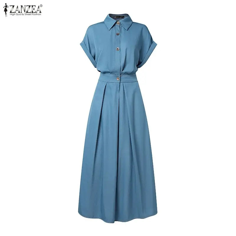 2026 Summer Denim Blue Dress ZANZEA Stylish Women High Waist Office Wear Sundress Short Sleeve Lape Neck Dresses Buttons Up Robe