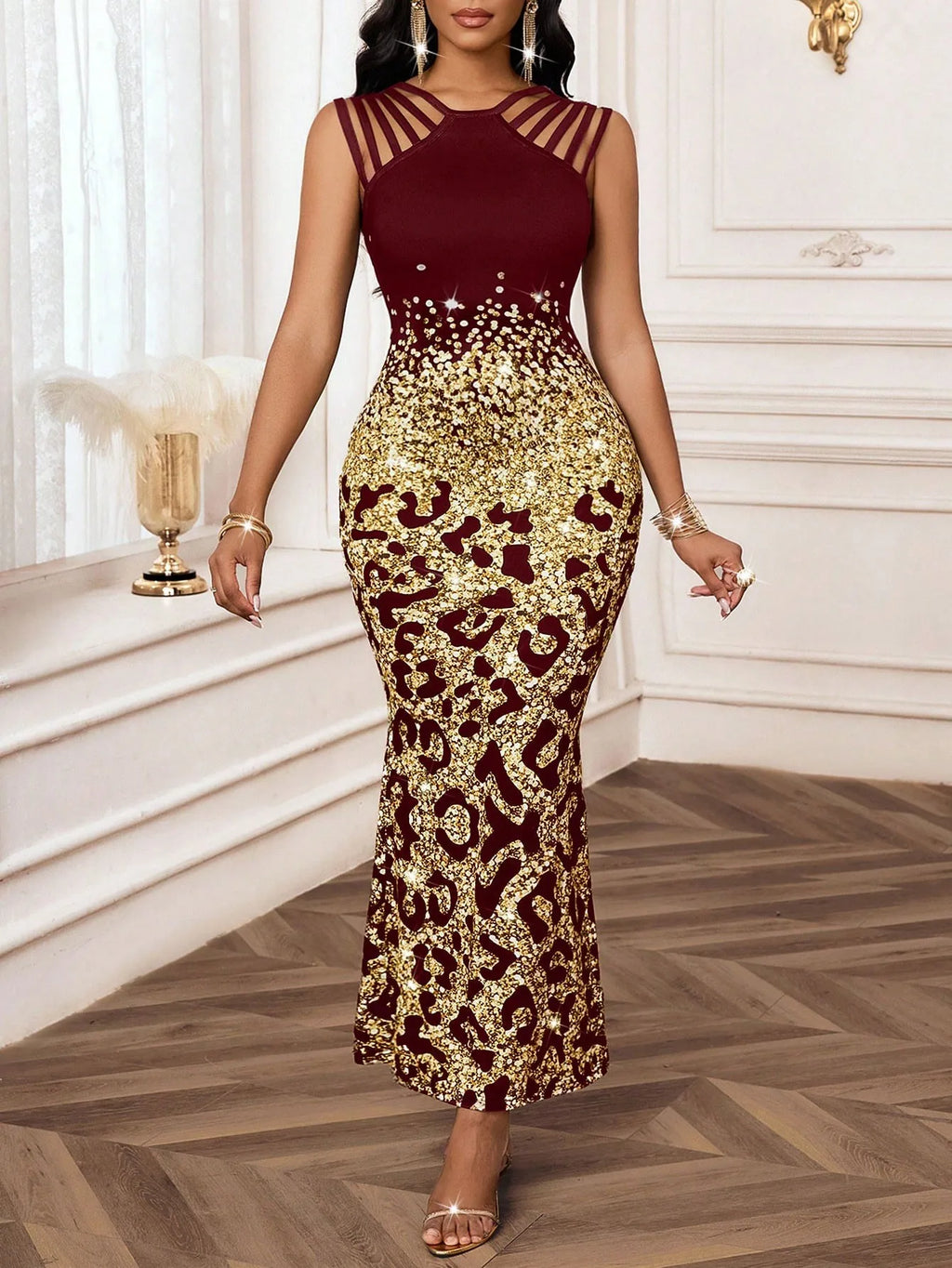 Women's Elegant Knitted Printed Dress Long Sleeve V-Neck Floor-Length Maxi Dress for Special Occasions