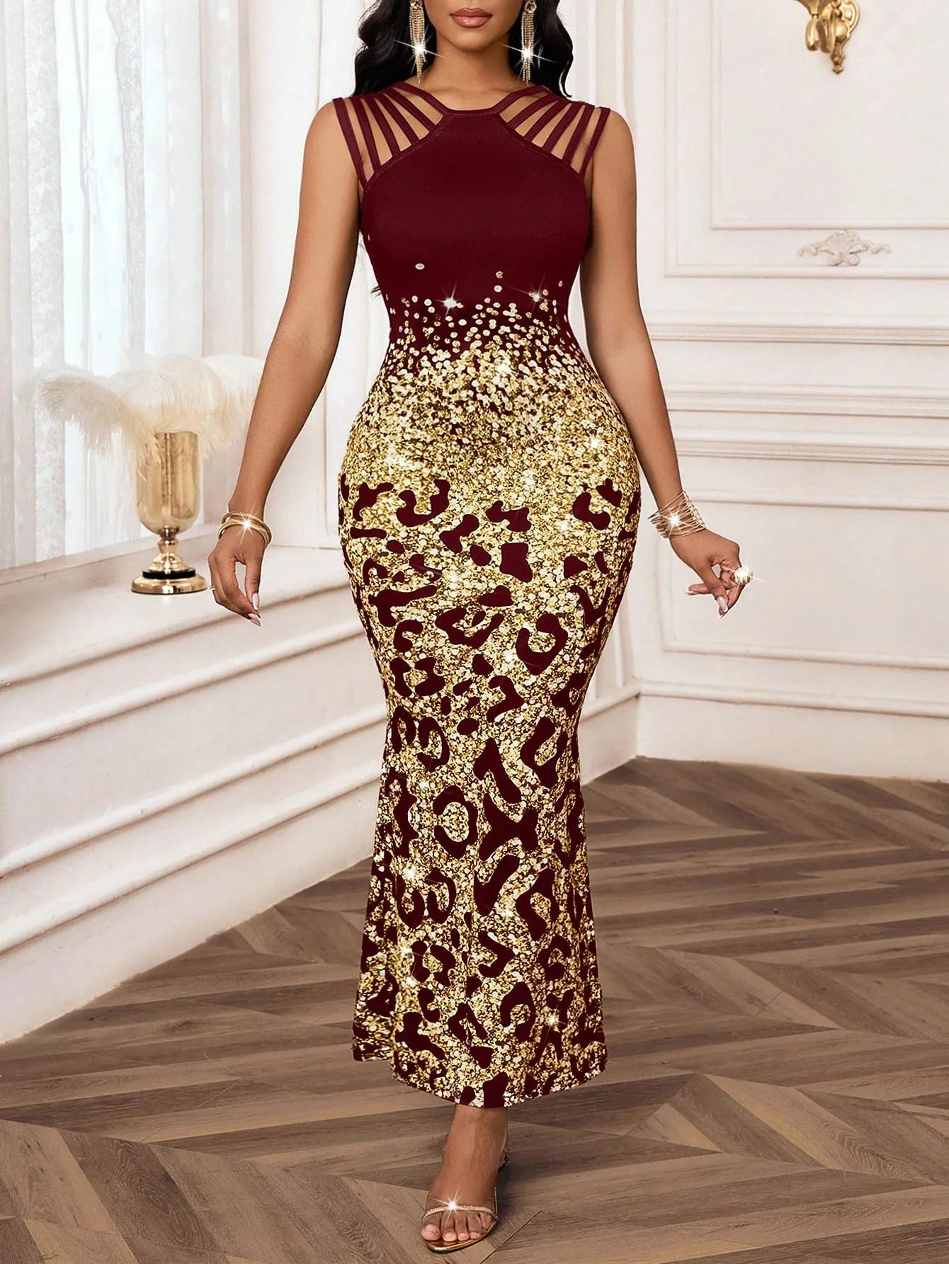 Women's Elegant Knitted Printed Dress Long Sleeve V-Neck Floor-Length Maxi Dress for Special Occasions