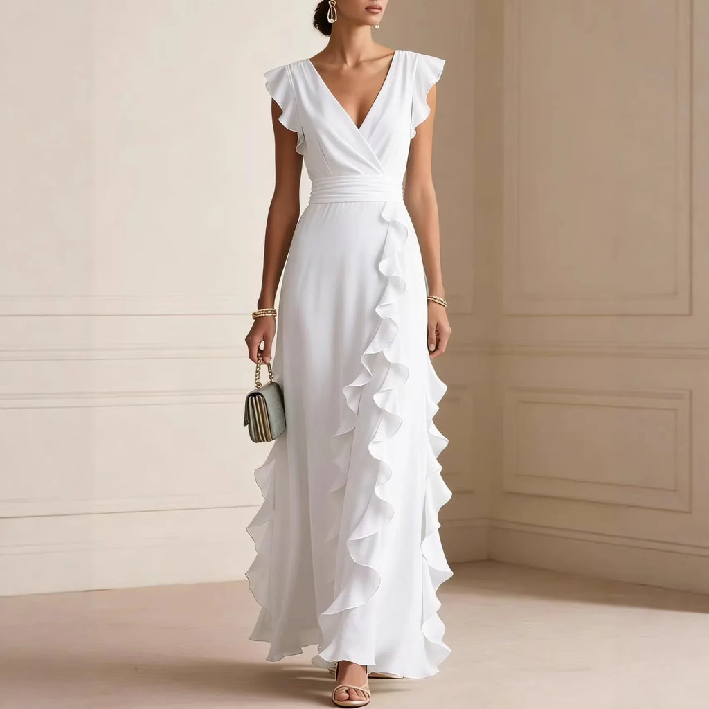 V-Neck Pleated Short Sleeve Solid Maxi Dress