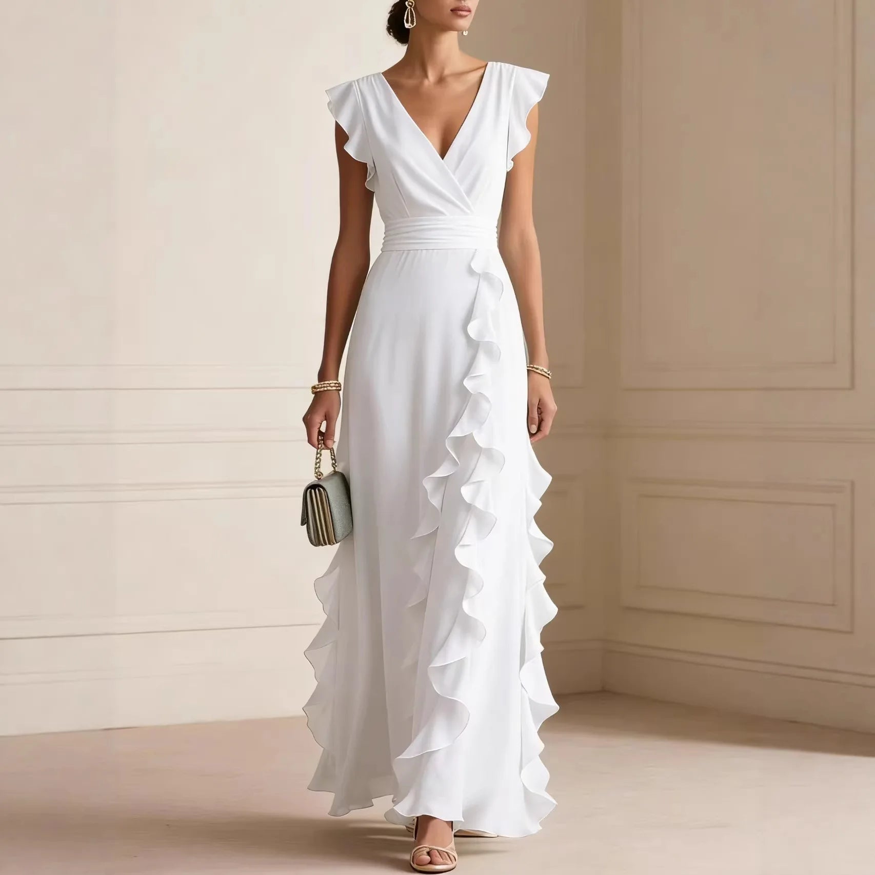 V-Neck Pleated Short Sleeve Solid Maxi Dress