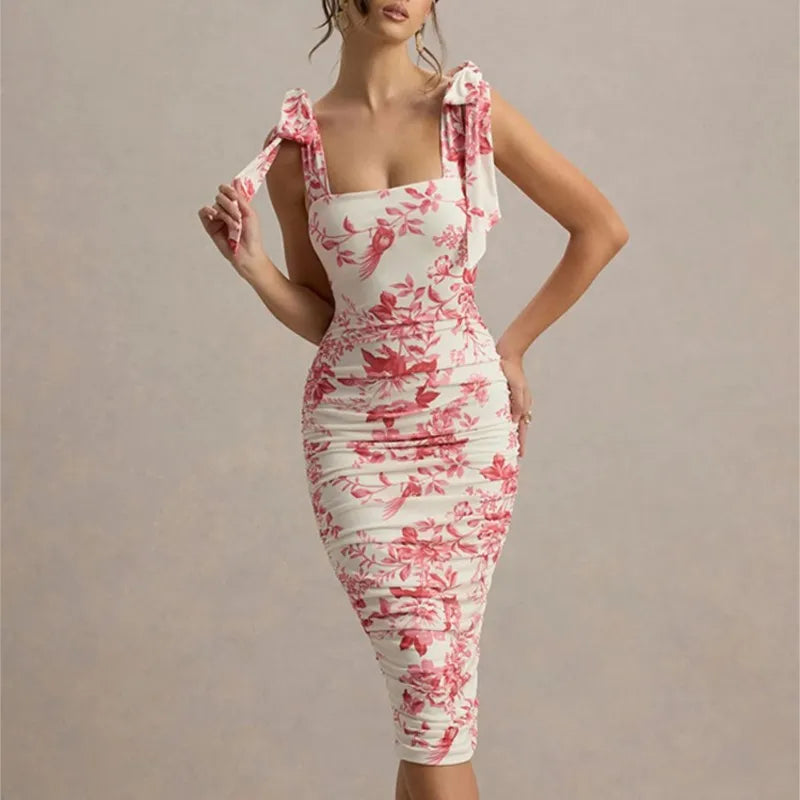 Retro Print Pleated Square Neck Midi Dress – Sleeveless, Slim