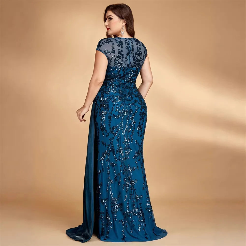 Elegant Beaded V-Neck Sleeveless Evening Dress Midi Skirt for Women Knitted Fabric Glitzy Sequin Party Ball Gown Mom Size