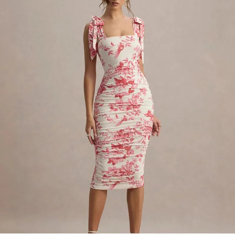 Retro Print Pleated Square Neck Midi Dress – Sleeveless, Slim