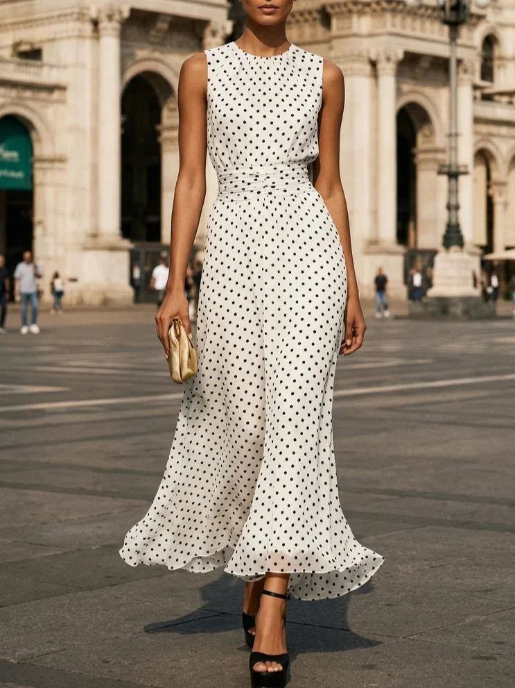 Sleeveless Polka Dot Maxi Dress Women Elegant Flowy Evening Gown