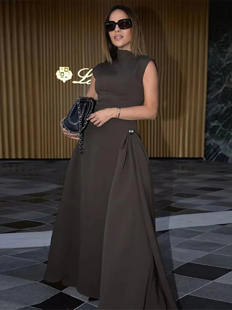 Elegant Black Long Dress Women Fashion High Collor Sleeveless Pleat Irregular Dresses 2025 Spring Summer Party Lady Evening Robe