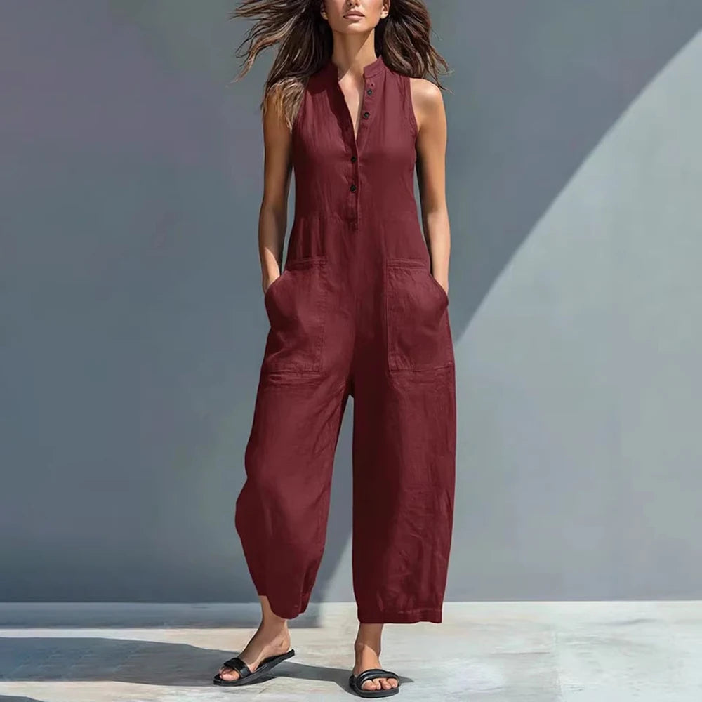 Sleeveless Stand Collar Button-Down Slim Straight-Leg Jumpsuit with Pockets