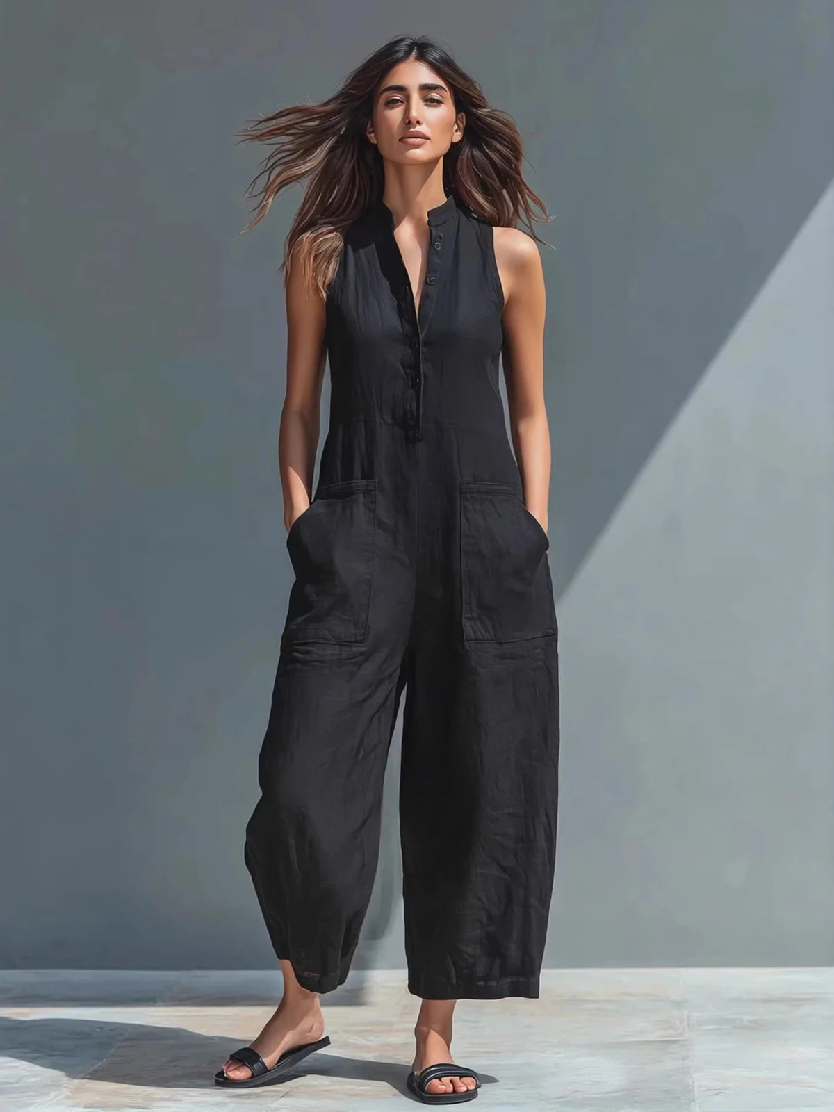 Sleeveless Stand Collar Button-Down Slim Straight-Leg Jumpsuit with Pockets