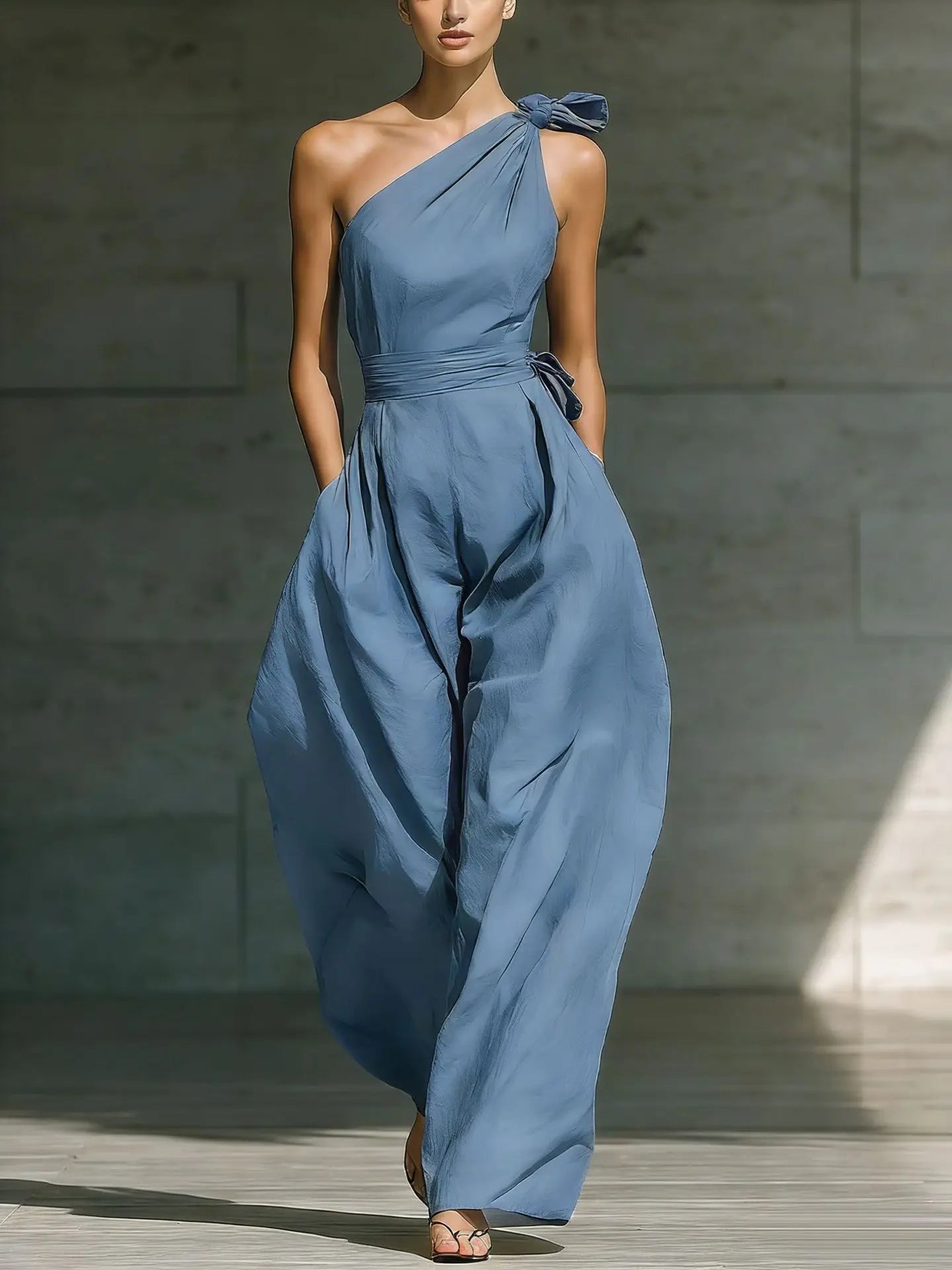 One-Shoulder Draped Lace-Up Wide-Leg Jumpsuit